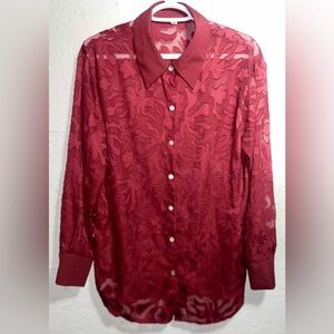 SHEIN Unity Button Up Sheer Long Sleeve Burgundy Patterned Small Office Wear